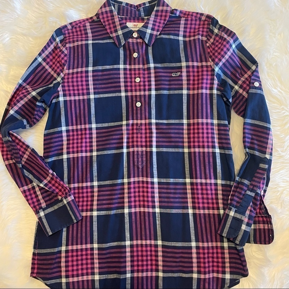 Vineyard Vines Harbor Plaid Relaxed Popover Shirt Blouse Navy Pink Linen Size 4